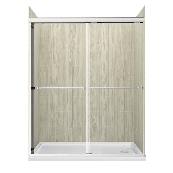 CRAFT + MAIN Cove 60 in. L x 30 in. W x 78 in. H Right Drain Alcove Shower Stall Kit in Driftwood and Brushed Nickel Hardware