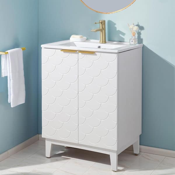 VC CUCINE 24 in. W x 15.5 in. D x 32.5 in. H Freestanding White Bath Vanity w\ White Ceramic Sink Top with Single sink Unassembled