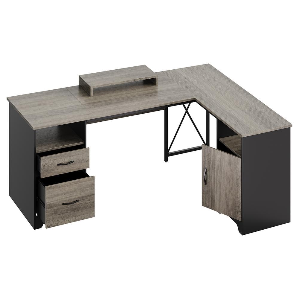Gray L-Shaped Wood Gaming Desk with Drawers and Keyboard Tray