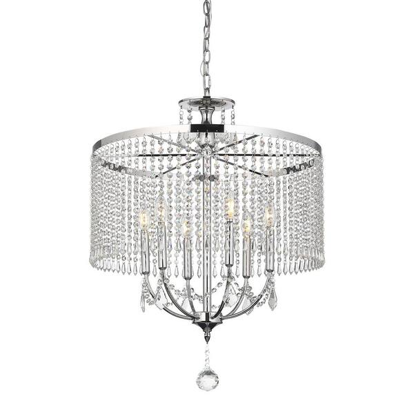 pasentel 6Light Polished Chrome Drum Chandelier with K9 Crystal Dangles, Glam Styled Dining