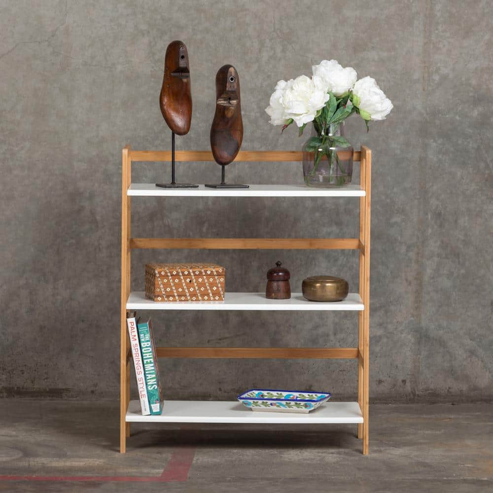 White Bamboo Frame Stackable 3-Tier Bookshelf