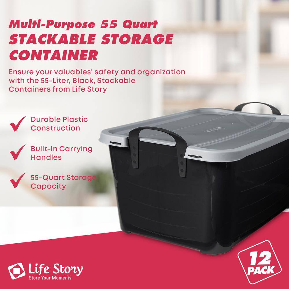Black and Gray Stackable Plastic Lidded Storage Box for Kids, 55 Quart