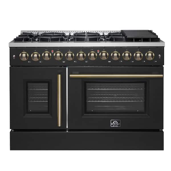 Galiano 48 in. French Door Dual Fuel Range, Black and Antique Brass, 107,000 BTU, 6.58 cu. ft. Ovens 8-Burners