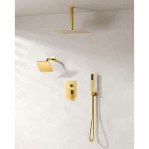 3-Spray Patterns Square Fixed Shower Head 10, 6 in. with 2.5 GPM Wall Mount Dual Shower Heads in Brushed Gold