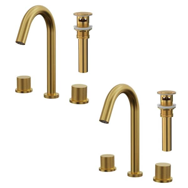 Waterfall 3-Hole High Arc 8 in. Widespread Double Handle Bathroom Faucet in Brushed Gold Drain Included（2pack）