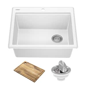 Bellucci White Granite Composite 25 in. Single Bowl Drop-In Workstation Kitchen Sink with Accessories