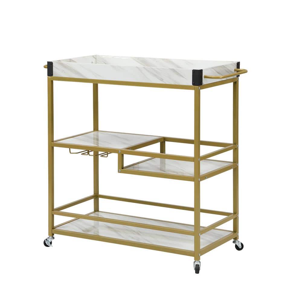 Angel Sar White Bar Cart With Lockable Wheels, Removable Tray, Glass