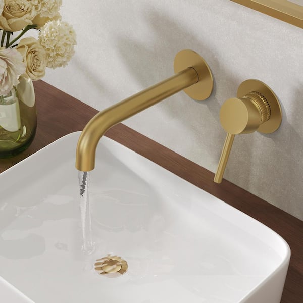 Single-Handle Wall-Mount Bathroom Faucet with Pop-Up Drain Brushed Gold