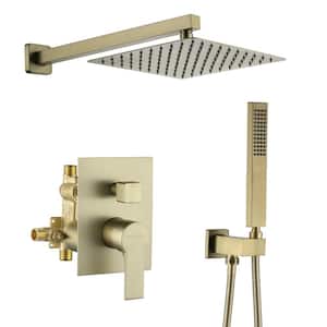 1-Spray Patterns with 2.5 GPM 10 in. Wall Mount Dual Shower Heads with Pressure Balance Valve in Brushed Gold