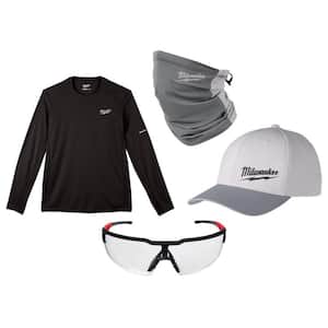 Men's WORKSKIN 2X-Large Black Long Sleeve T-Shirt with Small/Medium Gray WORKSKIN Hat, Gaiter and Clear Safety Glasses