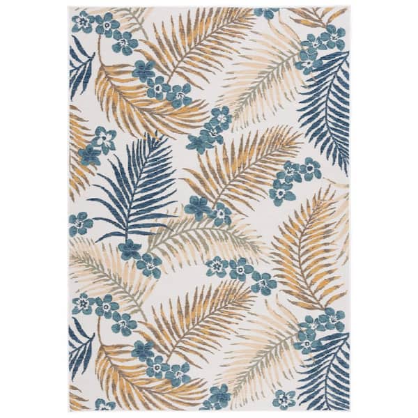 SAFAVIEH Sunrise Ivory/Blue Gold 4 ft. x 6 ft. Oversized Tropical Reversible Indoor/Outdoor Area Rug
