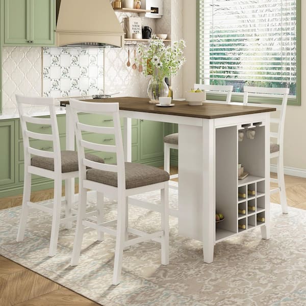 5-Piece Brown&Whitewash Multi-Functional Wood Counter Height Dining Set