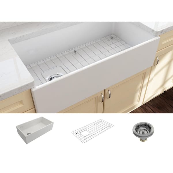 Contempo Farmhouse Apron Front Fireclay 36 in. Single Bowl Kitchen Sink with Bottom Grid and Strainer in White