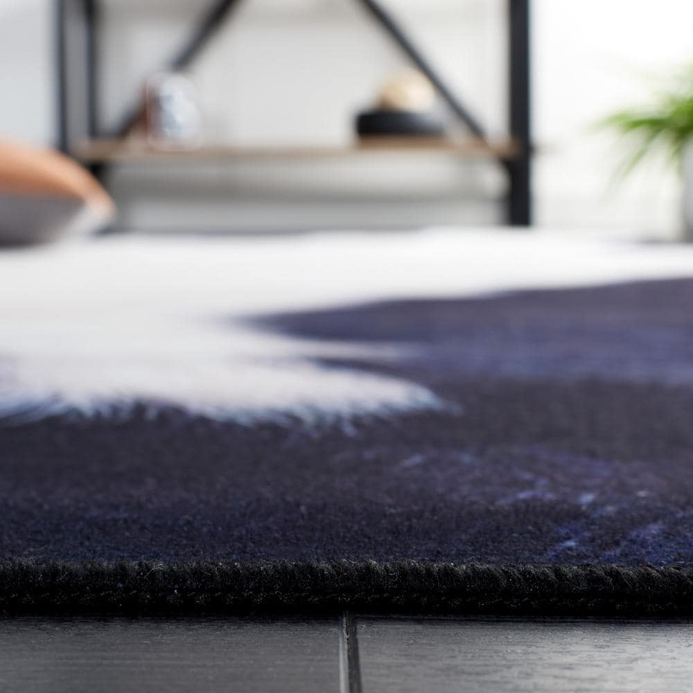 Ivory and Dark Blue Faux Cowhide Fur 5' x 8' Area Rug