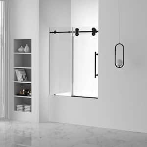 60 in. W x 66 in. H Sliding Tub Door Frameless in Black Finish with Tempered clear Glass
