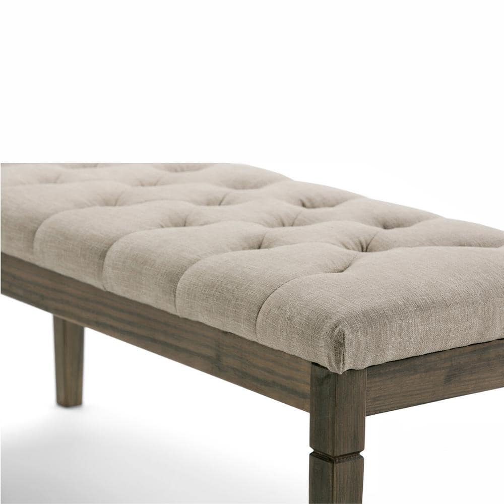 Elegant Natural Linen Tufted Pine Wood Rectangular Bench Ottoman