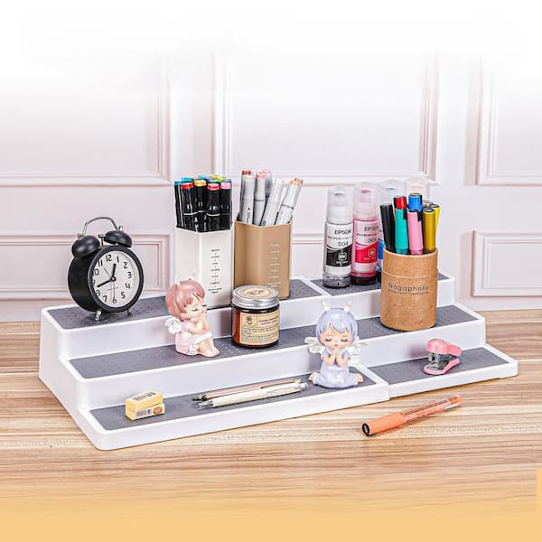 Expandable 3-Tier Spice Rack Organizer in White and Grey Plastic, Adjustable Shelf for Kitchen Cabinet, Pantry, 2-Pack