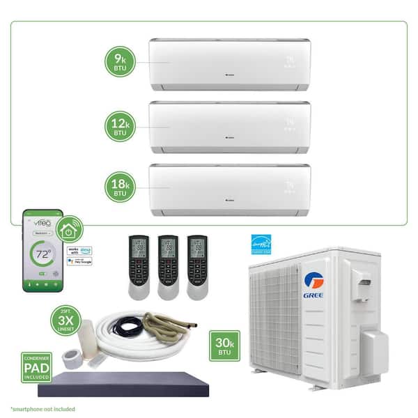 GREE Gen3 Smart Home Triple-Zone 28,400 BTU 2.5 Ton Ductless Mini Split Air Conditioner & Heat Pump 25 ft. Install Kit 230V