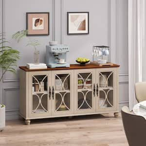 Beige Wood Pantry Organizer with 4 Tempered Glass Doors