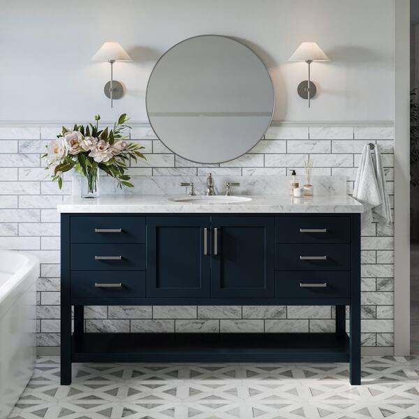 ARIEL Magnolia 61 in. W x 22 in. D x 36 in. H Bath Vanity in Blue with  Carrara Marble Vanity Top in White with White Basin S061SCWOVOMNB - The  Home Depot