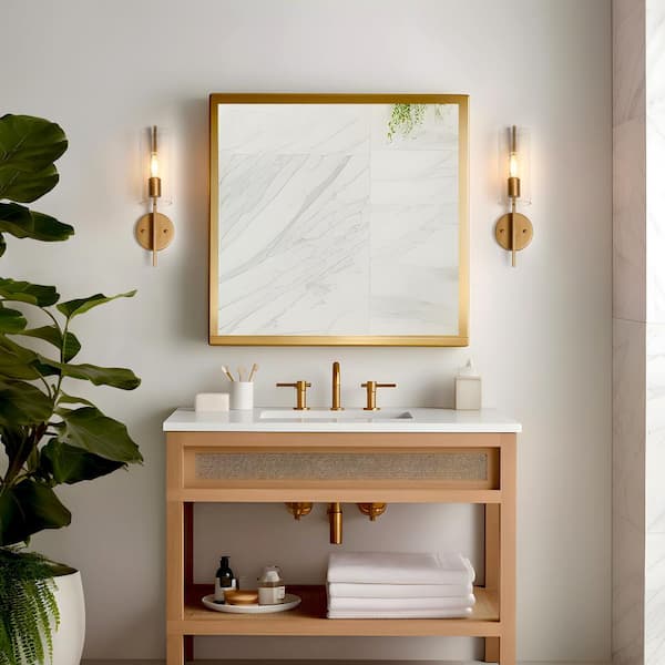 17 in H. Modern Cylinder Powder Room Wall Sconce 1-Light Large Brass Gold Bathroom Single Light with Seeded Glass Shade