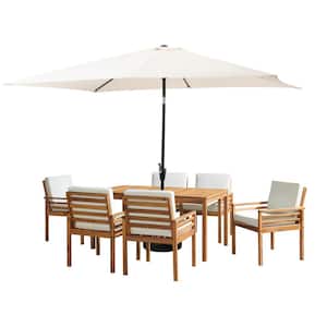 8-Piece Set, Okemo Wood Outdoor Dining Table Set with 6-Chairs, Cushions, 10 ft. Rectangular Umbrella Cream