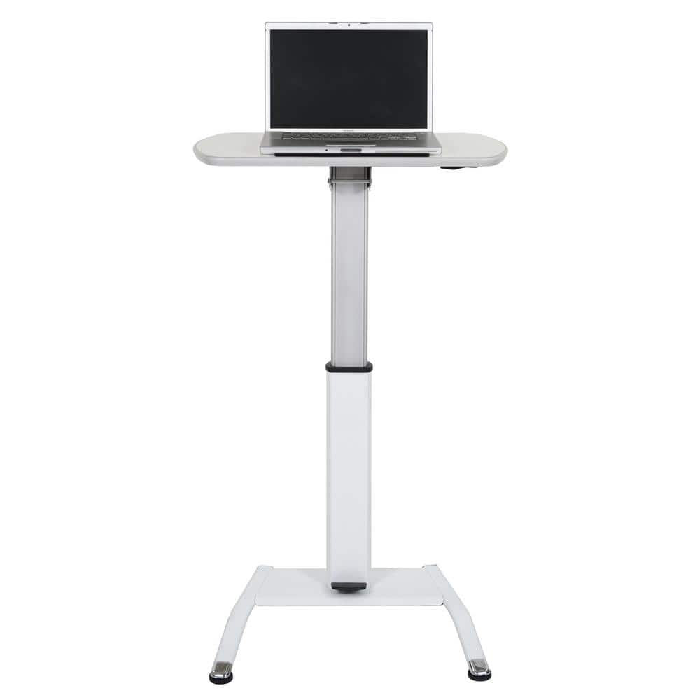 White Adjustable Height Mobile Standing Desk with Pneumatic Foot Pedal