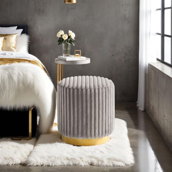 Furniture of America Stiltz Glam Gray Faux Fur Corduroy Fabric Round Accent Ottoman Small (Under 22 in.)