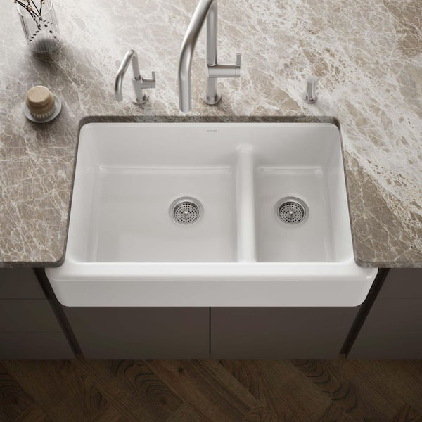 Whitehaven Smart Divide Self-Trimming Farmhouse Apron Front Cast Iron 36 in. Double Bowl Kitchen Sink in White