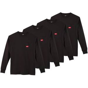 Men's Large Black Heavy-Duty Cotton/Polyester Long-Sleeve Pocket T-Shirt (4-Pack)