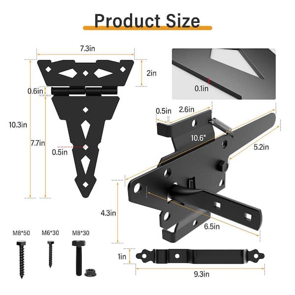 WINSOON Black Gate Hinge and Latch Set Decorative Latch Gate Kit