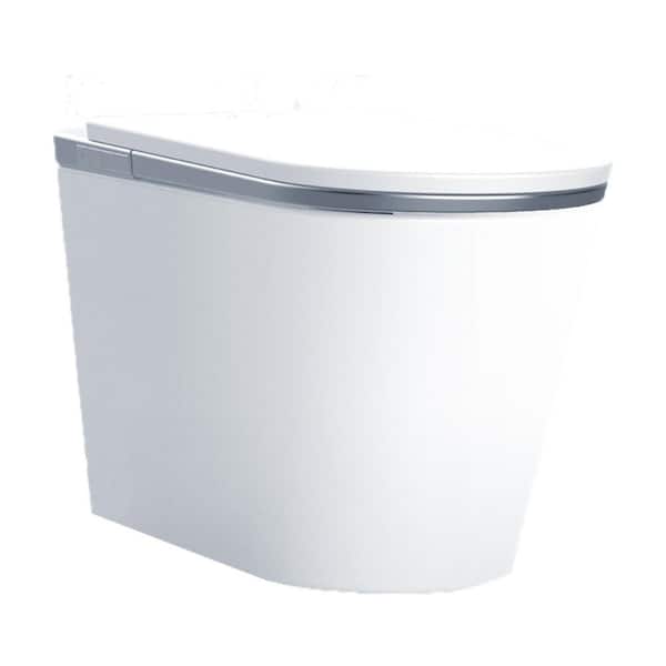 Elongated 1.34 GPF Smart Bidet Toilet in White&Silver with Auto Cover Flip, Instant Heat, Adjustable Sensor, Foot Sensor
