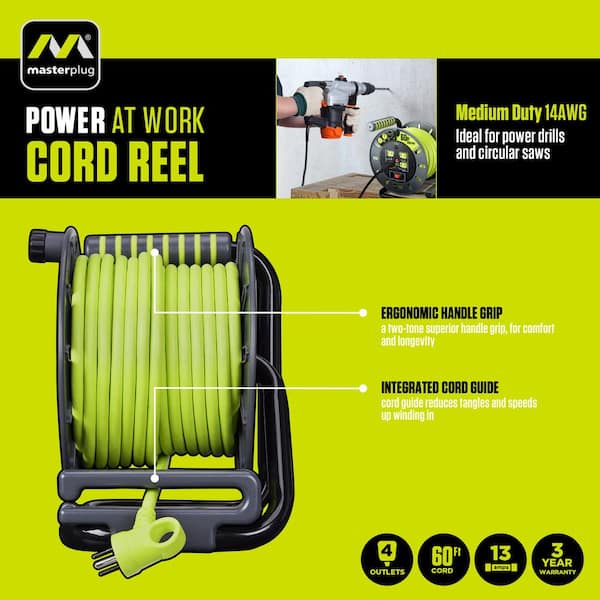 60ft Cord Reel, Retractable Extension Lead With Winding Handle, Safety Overload Circuit Breaker And Power Switch, 4X Grounded Outlets, 13amps, 14AWG Cable