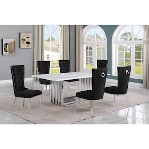 Lisa 7-Piece Rectangular White Marble Top Stainless Steel Base Dining Set With 6-Black Velvet Fabric Chairs