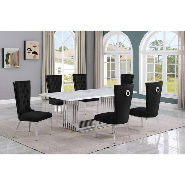 Best Quality Furniture Lisa 7-Piece Rectangular White Marble Top Stainless Steel Base Dining Set With 6-Black Velvet Fabric Chairs