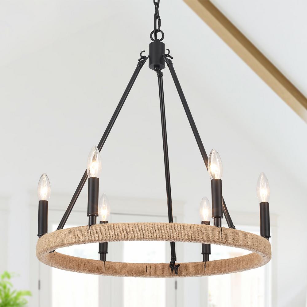 LWYTJO 6-Light Rustic Black Hemp Rope Wagon Wheel Chandelier