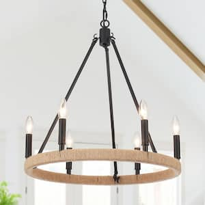 6-Light Rustic Black Hemp Rope Wagon Wheel Chandelier for Dining Room Living Room Foyer Entryway