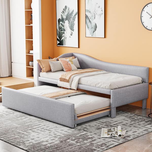 Grey Twin Daybed with L-Shaped Upholstered and Pop Up Trundle