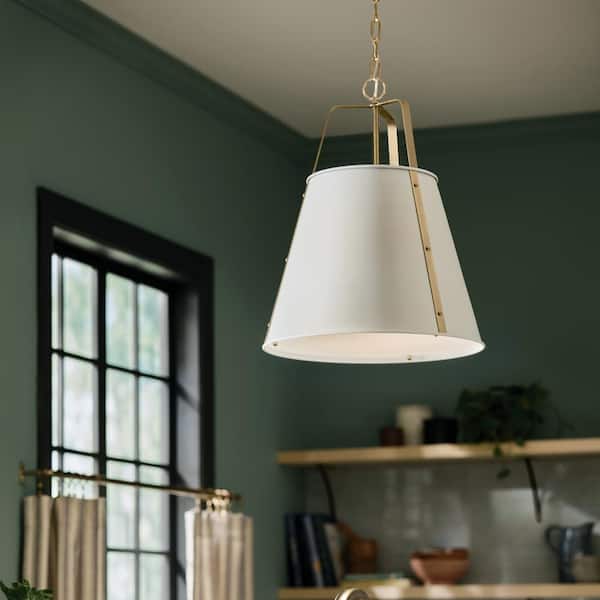 Etcher 18 in. 2-Light White and Champagne Bronze Traditional Shaded Hanging Pendant Light with Metal Shade