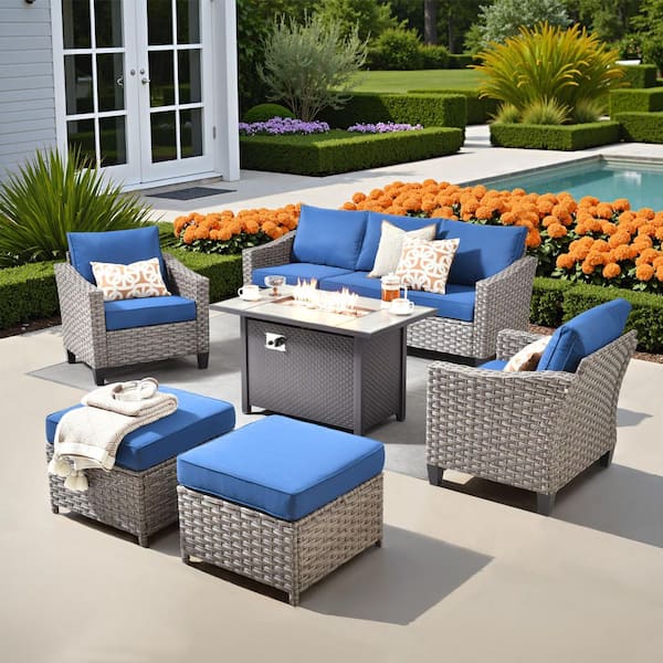 Solora Gray 5-Piece Wicker Outdoor Patio Conversation Set with Navy Blue Cushions, Ottomans & 43" Fire Pit Table