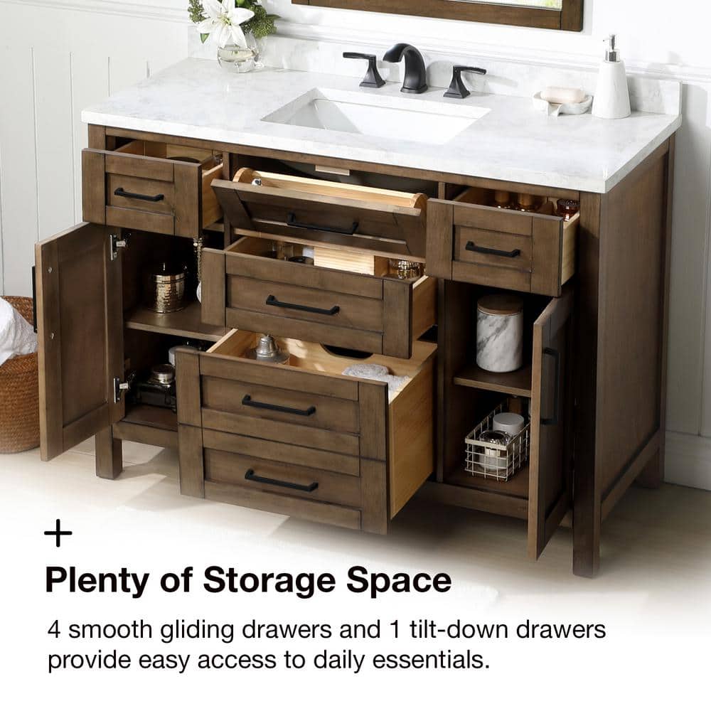 Almond Latte 48" Single Sink Bathroom Vanity with White Marble Top