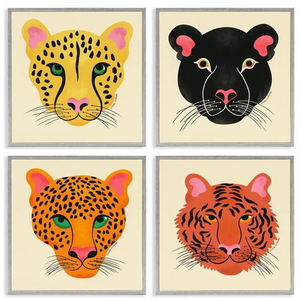 Modern Jungle Wildlife Faces by Carrie Cantwell 4-Piece Gray Framed Animal Giclee Art Print 17 in. x 17 in.