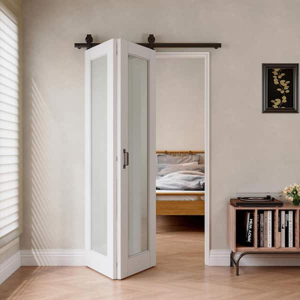48 in. W. x 80 in. 1-Lite Tempered Frosted Glass White Primed MDF Bifold Sliding Barn Door with Hardware Kit