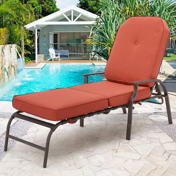 Brown Metal Outdoor Chaise Lounge with 5-Position Adjustable Backrest and Orange Cushions for Patio