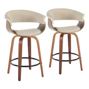 Vintage Mod 25.25 in. Cream Fabric, Walnut Wood and Black Metal Fixed-Height Counter Stool Round Footrest (Set of 2)