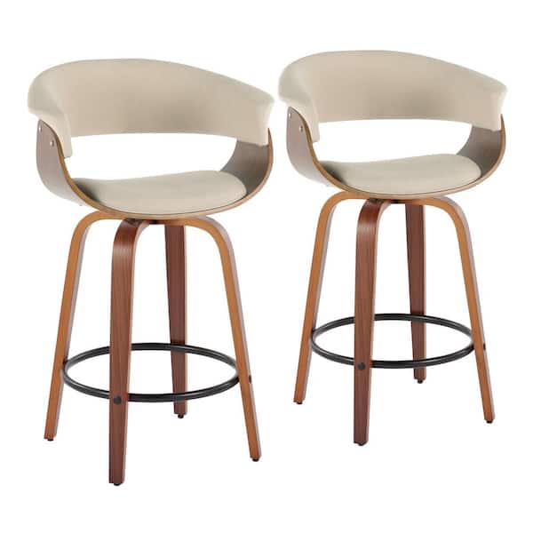 Lumisource Vintage Mod 25.25 in. Cream Fabric, Walnut Wood and Black Metal Fixed-Height Counter Stool Round Footrest (Set of 2)