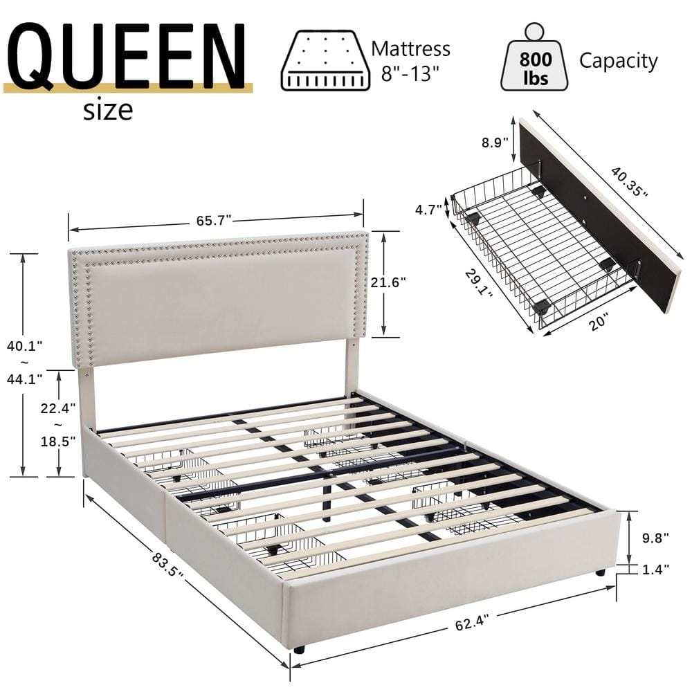 Beige Velvet Upholstered Queen Platform Bed with Storage Drawers