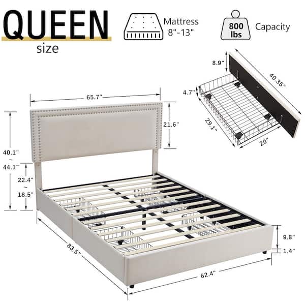 Queen Bed Frame with 4 Storage Drawers, Beige Upholstered Platform Bed with Headboard and Wooden Slats Support