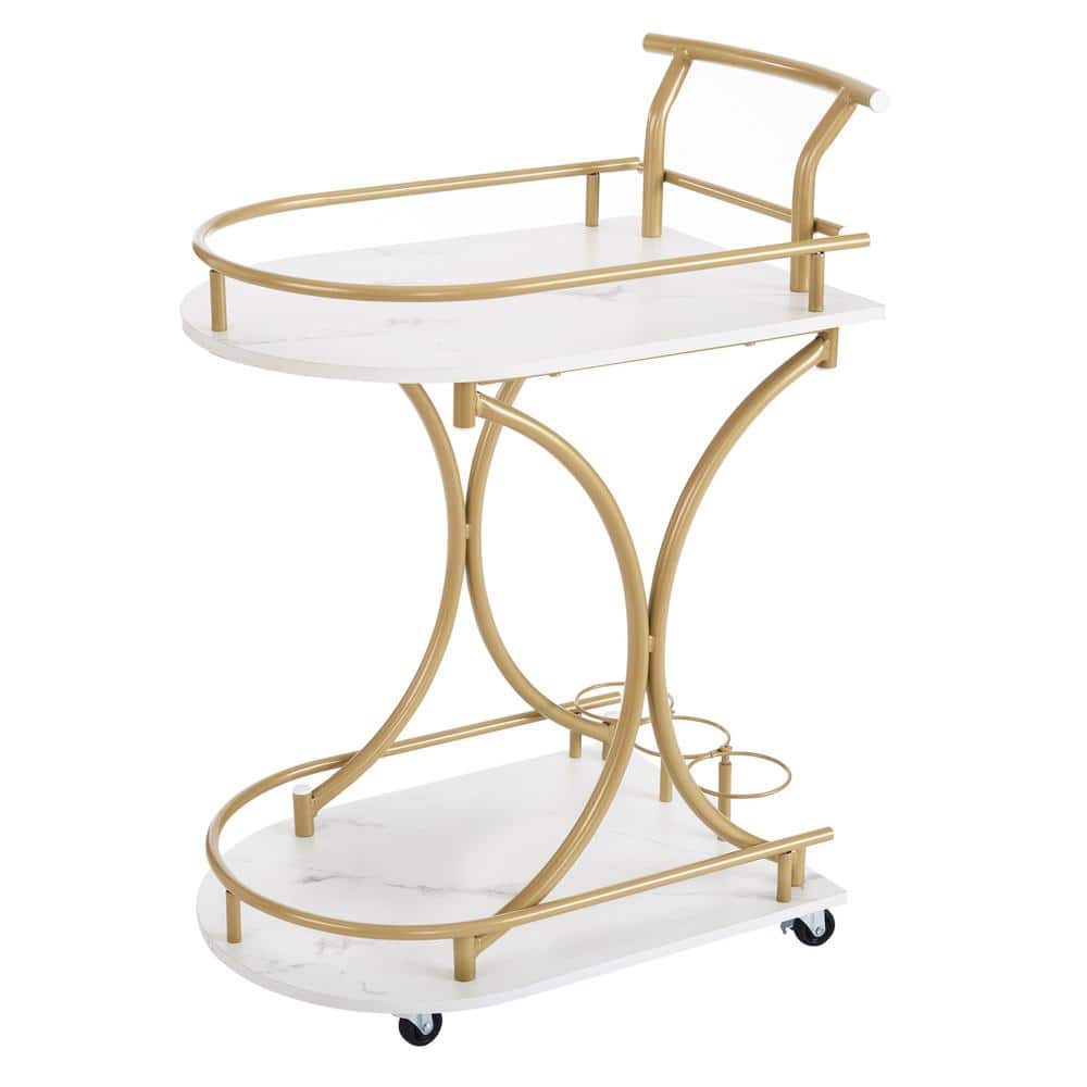 2Tier Gold Metal Kitchen Cart with Wine Rack and Glass Holder