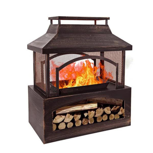 37 in. Steel Outdoor Wood Burning Fireplace with Wood Storage Rectangular Freestanding